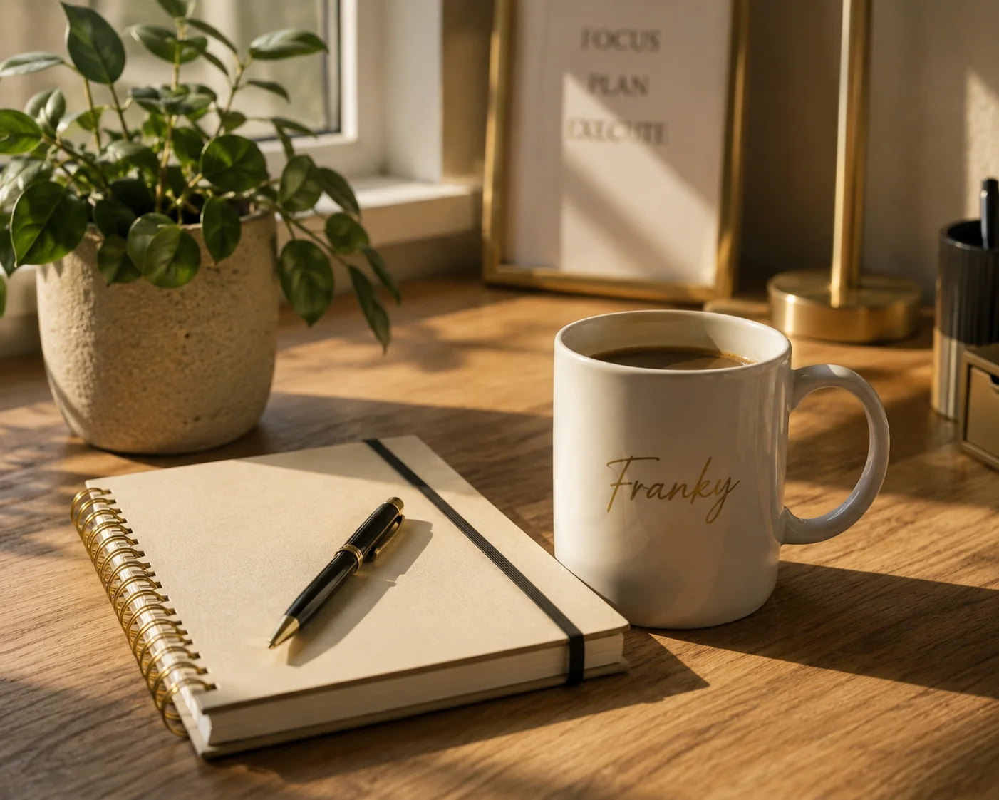 Notizbuch und Kaffeetasse auf einem Schreibtisch